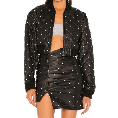 China OEM Fashion Crystal Embellished Long Sleeve Quilted Faux Leather Jacket Women QUICK DRY Short Bomber Jacket for sale