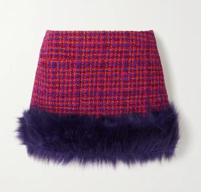 China Breathable Faux Fur-Trimmed Wool-Blend Checked Mini Skirt for sale