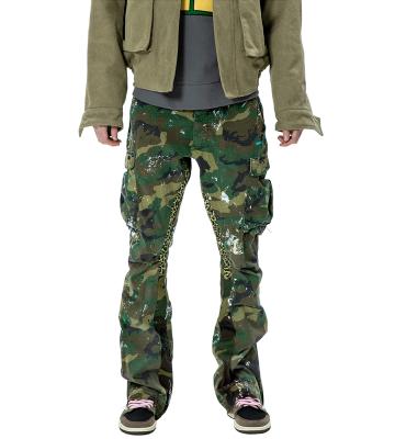 China QUICK DRY Womens Mens High Street Patchwork Panels Paint Splatter Camouflage Cargo Flare Pants With Puffy Patch Pockets for sale