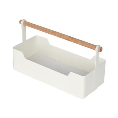 China Universal Storage Item Storage Countertop Storage Box Metal Basket With Wood Handle for sale