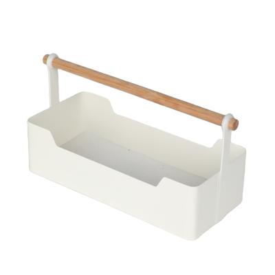 China White Minimalist Design Storage Metal Cosmetic Storage Box With Wooden Handle for sale