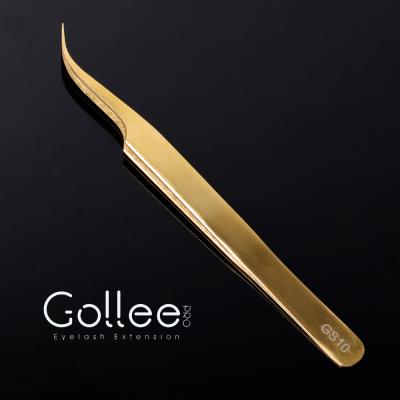 China Point Gold Eyelash Applicator High Precision Pointed Light Gold Plated Tweezers Gold Eyelash Applicator Lash Tweezers for sale