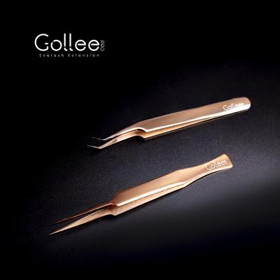 China Custom Logo Eyelash Extension Tweezers Gollee Rose Gold For Best High Quality Japanese Fake Volume Eyelash Tweezers Eyelash Tweezers for sale