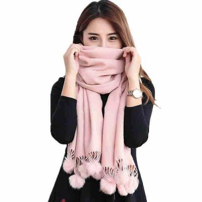 China Amazon luxury hot sale rabbit fur ball cashmere scarf increase long shawl plaid scarf autumn and winter thicken women's scarf for sale