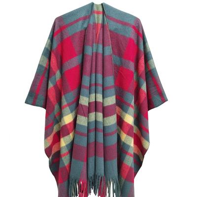 China Newest Winter European American Tassel Plaid Winter Poncho Lady Thick Soft Women Acrylic Shawls Wraps for sale