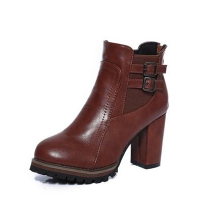 China Wholesale Quick-drying PU Leather Boot Shoes Buckle Fashion Ankle Woman High Heel Boots ZJ174 for sale