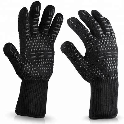 China Aramid+Green Silica Gel+Inner Layer Cotton/Polyester Cotton Wholesale Non Slip Silicone Coated Oven BBQ Gloves, Extreme Heat Resistant Grill BBQ Gloves for sale