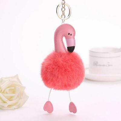 China Cute Cute Fluffy Flamingo Faux Rabbit Fur Ball Pompom Chain Key Ring Holder Decor AG103 for sale