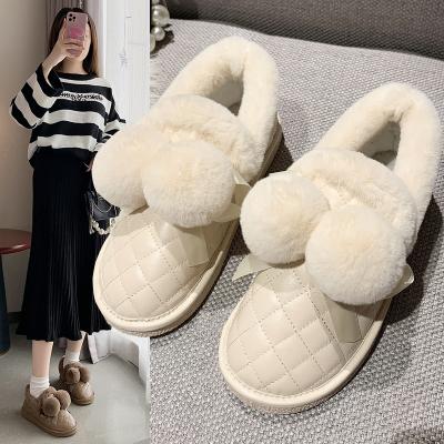 China Fashion Fur Slippers Indoor Outdoor Waterproof Leather Warm Plush Slippers Comfortable Non-slip Winter Women Shoes for sale