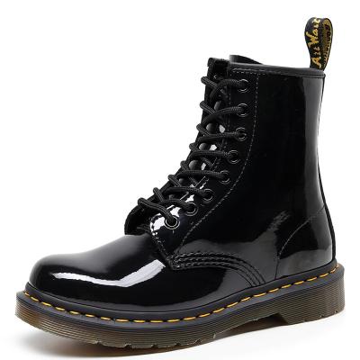 China Unisex Black Deodorization Shoes Lace Up Boots 8 Waterproof Women's Eyes Low Heel Ankle Boots Patent Leather Sable Boots for sale