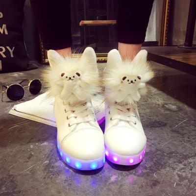 China Cute Round Fur Accessories Kids LED Light Up High Top Shoes USB Rechargeable Flashing Sneakers For Kid Girls Children White Shoes for sale