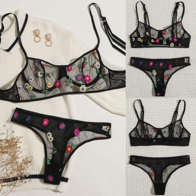 China Elasticity And Soft X1659 2022 New Mesh Ruffles Floral Embroidery Sheer See 2 Pieces Of Sexy Lingerie For Women for sale