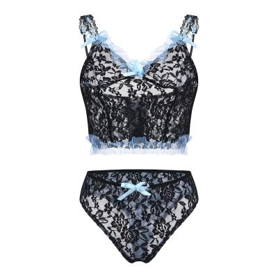 China Elasticity and Soft X1666 2022 New Lace Mesh Ruffles Floral Sheer See Through 2 Pieces Sexy Lingerie For Women for sale