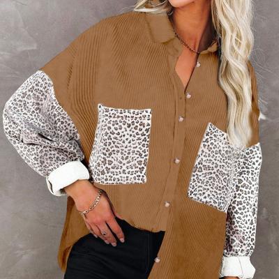 China NZ001 2022 New Anti-wrinkle Corduroy Shirt Long Sleeve Leopard Print Pockets Casual Ladies Sportswear Blouse For Girls for sale