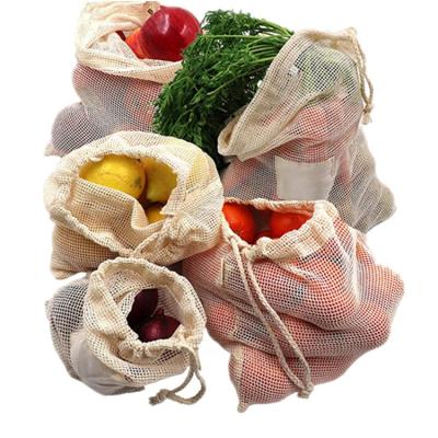 China Rope Handle Mesh Produce Bags Reusable 100% Cotton Vegetable Fruit Nest Pouch Organic Cotton Bag For Food Storage Washable for sale