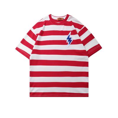 China Streetwear America Youth Red Horizontal Stripe T Shirts New Breathable Unisex Short Sleeve Wholesale Striped T-shirt for sale