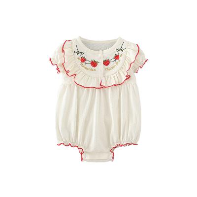 China Lovely Summer Soft Causal Infant Rompers Short Sleeve Baby Rompers Baby Halter Crawling Cool Suit With Lace And Strawberry Embroidery for sale