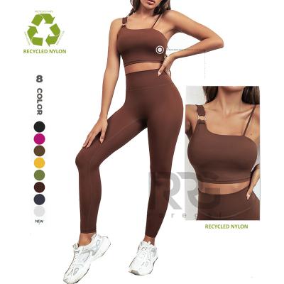 China Breathable 2022 Recycled Nylon Fabric Yoga To Wear Two Piece Outfit Fashion Wear for sale