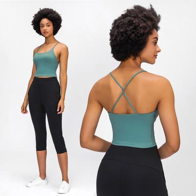 China Summer New Breathable Style Lemon Lulu Solid Yoga Vest With Back Breast Pad Strap Sexy Slim Cross Sports Tops Fitness Vest for sale