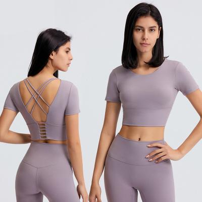 China 2021 Summer New Breathable Crop Yoga Short T-shirt With Chest Pad Women Hollow Back Short Sleeves For Leisure Outdoor Sports Crop Top for sale