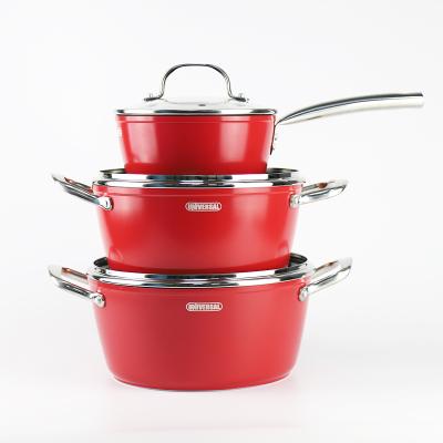 China Viable low price 3pcs red forged non-stick cookware set aluminum pan set for sale