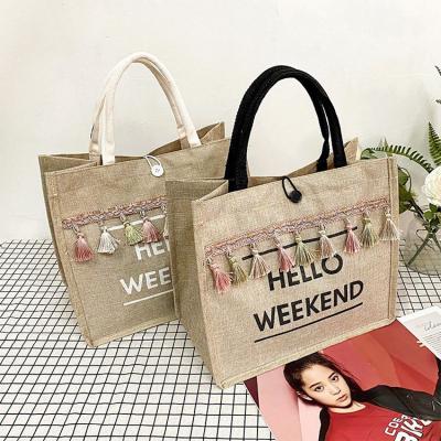 China New Fashion Eco-friendly Large Capacity Simple Hemp Logo Custom Cotton Canvas Tote Shopping Bag With Tassel Decoration for sale