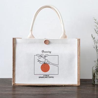 China Rope Handle Logo Printed Tote Cotton Jute Eco Friendly Casual Promotional Customized Bag With Button Pockets for sale