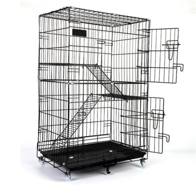 China Breathable Pet Habitat Fence Metal Wire Home Cat Cages 3 Layers Black Cat Cage With Wheels Pet Movable Cages for sale