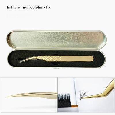 China Gold Eyelash Makeup Work Grafted Eyelash Flower Tweezers Fishing Net Pattern Anti Slip Dolphin Clip Set for sale