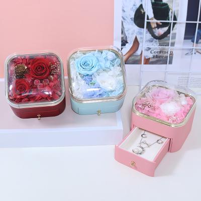 China Transparent Clear Plastic Rose Preserved Flowers With Jewelry Box Necklace Ring Box Jewelry Boxes With Roses for sale