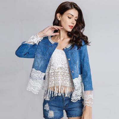 China Viable Lace Patchwork Pearls Chaqueta De Mezclilla Para Mujer Short Hippie Denim Jacket Ladies for sale