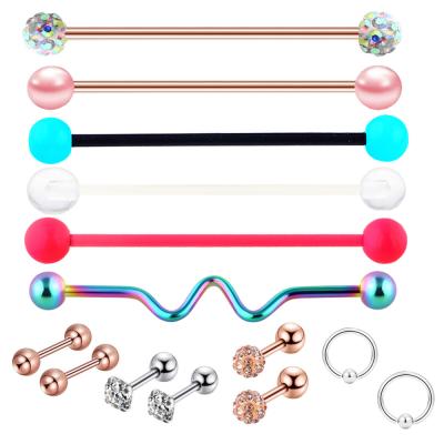 China FASHIONABLE Gold Plated Tunnel Industrial Body Ear Septum Nose Stainless Steel Barbell Piercing Jewelry Set for sale