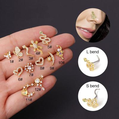 China Smiling Gold Piercing l Bend Screw Heart Daith Nose Rings Hiphop Body Jewelry Surgical Steel Helix Gold Studs Tragus For Women for sale