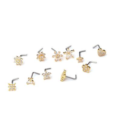 China Hiphop Body Piercings Jewelry Nose Bones Screw L-Shape Women Nostril CZ Square Heart Flower Stud Nose Ring for sale