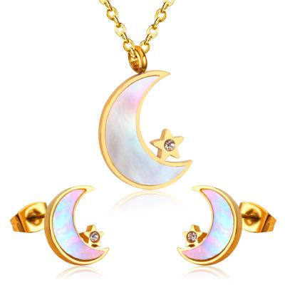 China 2021 New Arrival Natural Shell Crystal Moon Star Pendant Necklace Earrings Stainless Steel Jewelry Set Woman Environmental Friendly for sale