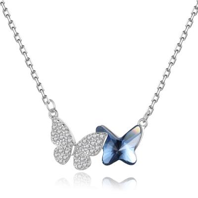 China High Quality Austrian Crystal Double Butterfly Flying Women Sterling Silver 925 Female Necklace for sale