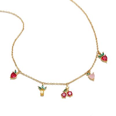 China New Design Popular Graceful Fashion 18k Real Gold Plated Cherry Banana Colorful CZ Necklace Mixed Fruit Charm Pendant Necklace for sale