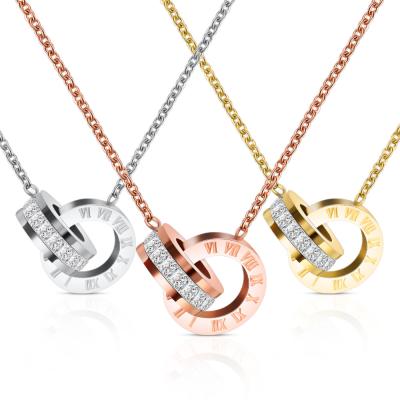 China Simple Graceful Roman Number Double Ring Pendant O Chain 18K Gold Plated Stainless Steel Crystal Necklace Women Jewelry for sale