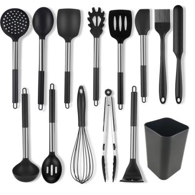 China Sustainable Premium Quality 14pcs Black Kitchen Silicone Utensil Set With Stand Holder for sale