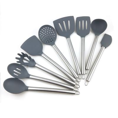 China Sustainable Cookware 9pcs Nonstick Kitchen Silicone Heat Resistant Utensil Set With Stainless Steel Handle for sale