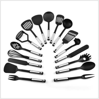 China Sustainable 17 Piece Heat Resistant Kitchen Set Nylon Cookware Sets With Stainless Steel Handle for sale