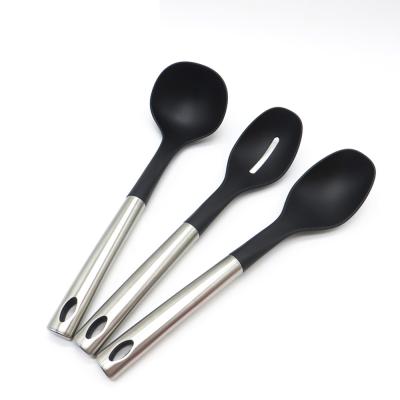 China Sustainable Stainless Steel Handle 3pcs Nylon Kitchen Pouch Cooking Spoons Set for sale