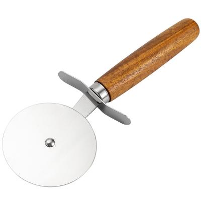 China Customized Viable Logo 3.55in Round Metal Pizza Pie Cutter With Quality Acacia Wood Handle for sale