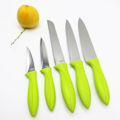 China Sustainable PP Green Handle 5 Piece Kitchen Knife Set For Fruit Cutting Vegetable And Meat Carving for sale