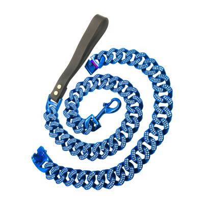 China Manufacturer DETACHED Custom Stainless Steel Chains Blue Diamonds Dog Leash With Blue Dog Collar for sale