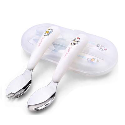 China Children 304 Stainless Steel Baby Feeding Spoon And Fork Set Baby Spoon With PP Handle for sale