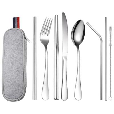 China Sustainable 8-Piece 304 Stainless Steel Portable Flatware Travel Cutlery Set With Stainless Steel Straws for sale