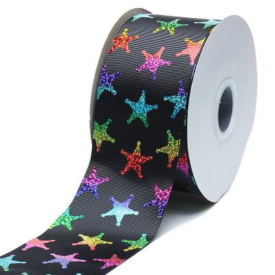 China Viable New Arrival 75mm Star Laser Custom Foil Printed Hologram Glitter Ribbon For Cheer Bows for sale