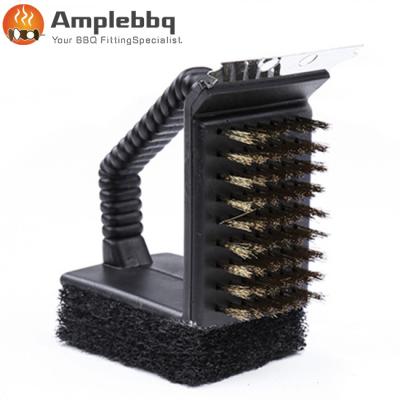 China Easily cleaned Comfort-grip three functions GRILL brush with metal bristles and steel scraper for sale