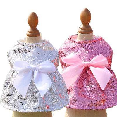 China Viable Designer Wholesale Custom Apparel Glitter Sequin Cat Spring Summer Bowknot Dog Dress Pet Clothes for sale